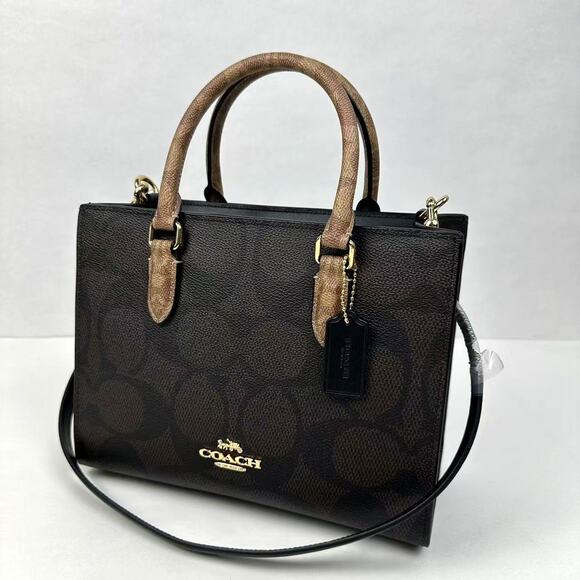 Coach Maggie Small Tote Bag In Blocked Signature Canvas Gold/Walnut/Tan CY676 - Picture 2 of 13